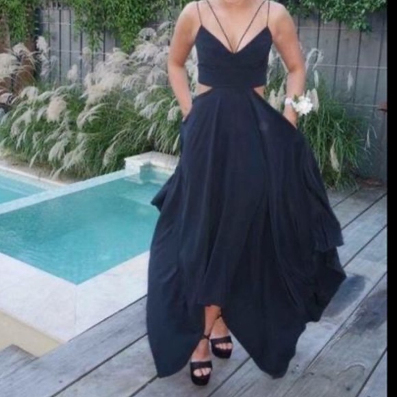 NICHOLAS Black fit & flare cocktail dress, zipper back, asymmetrical hem strappy - Picture 1 of 8